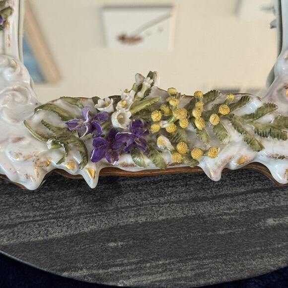 Antique Porcelain Table Mirror Cherub Flowers Easel Back Continental Mirror - Picture 6 of 11